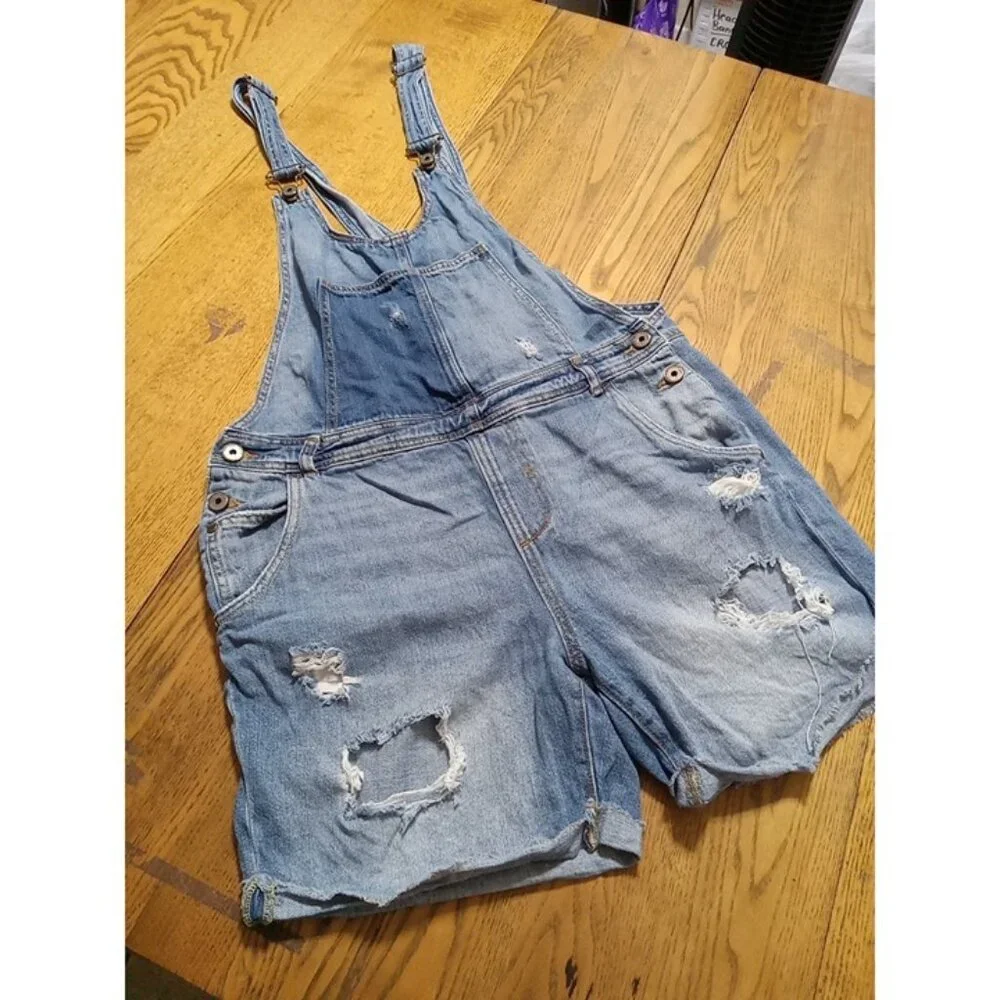 ZARA OVERALLS Jeans Womens Shortalls MEDIUM Preowned Denim Distressed Holes - Picture 2 of 9